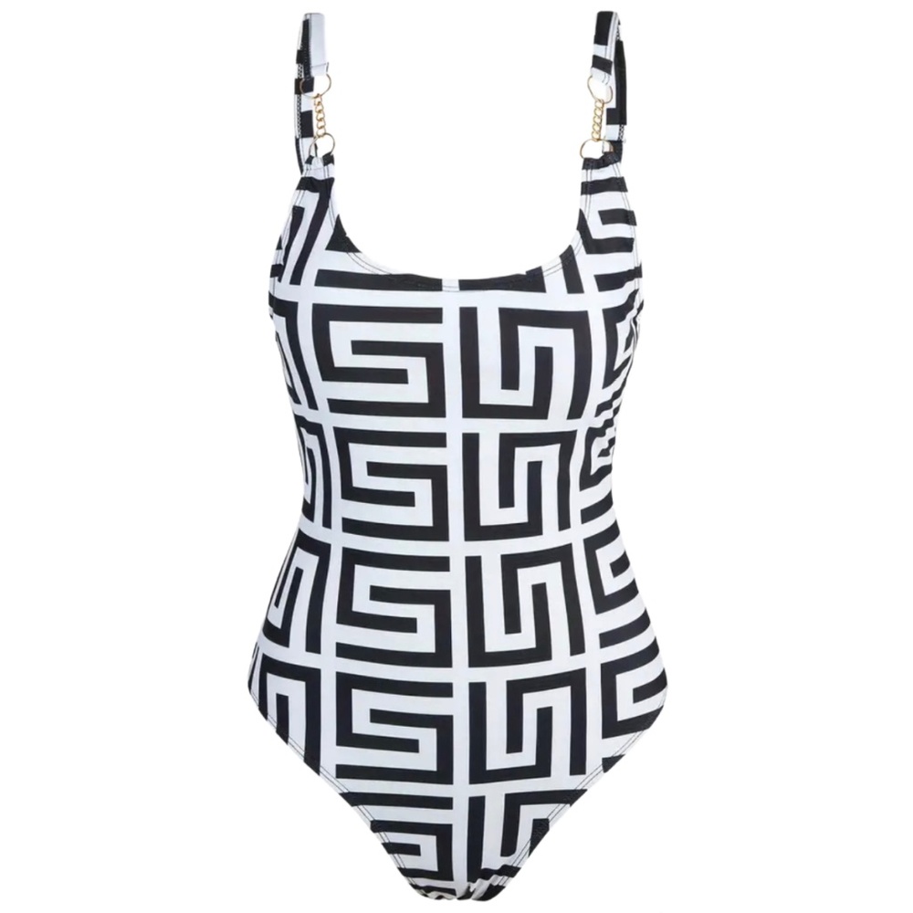 Geometric Grid Swimsuit Size 12 XL Ring Chain Detail Removable Pads Black White